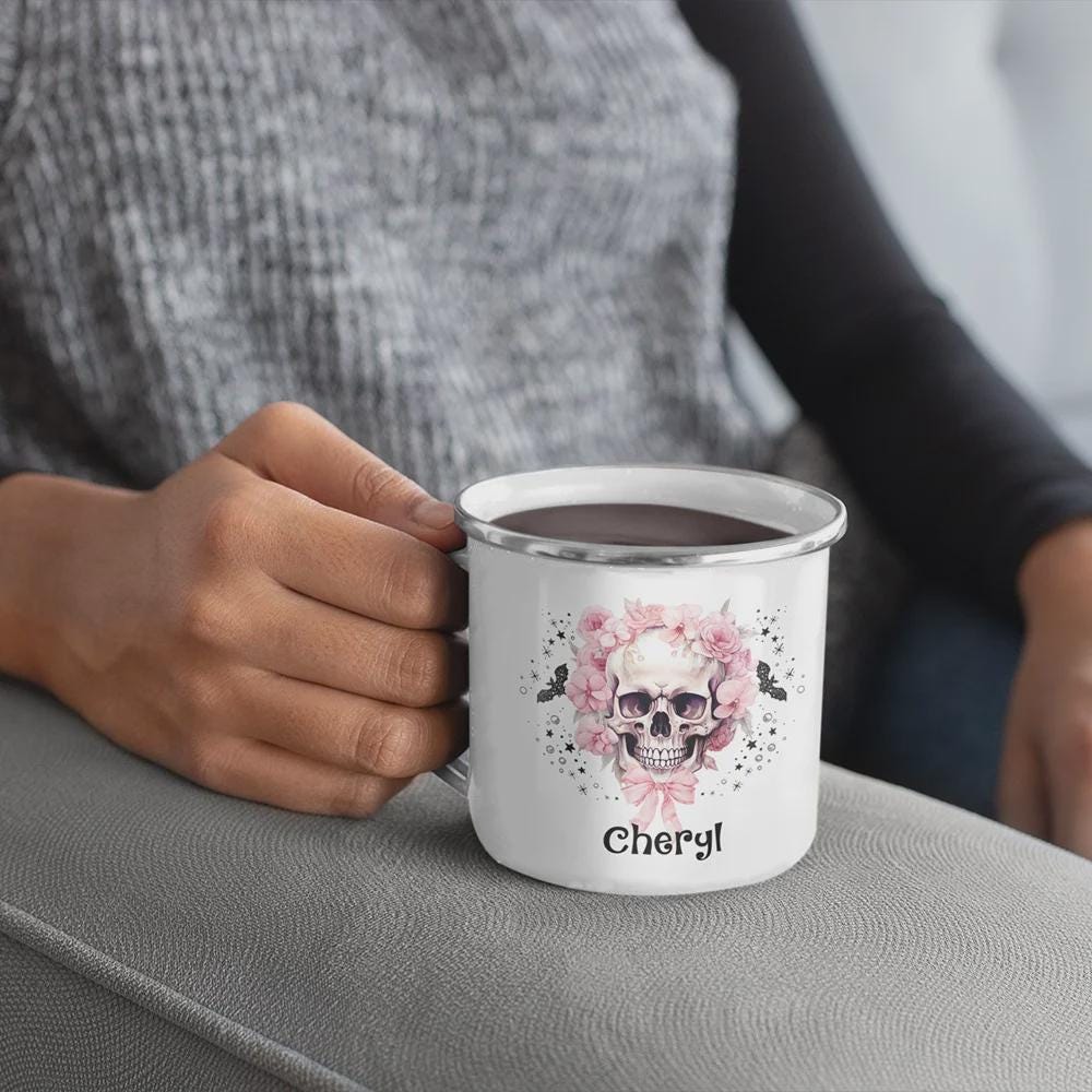11oz Name Halloween Floral Skull Enamel Mug