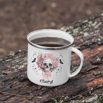 11oz Name Halloween Floral Skull Enamel Mug
