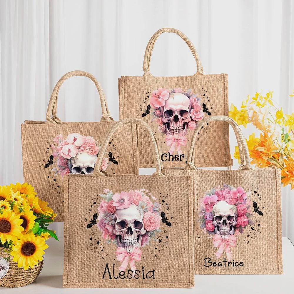Personalized Floral Skull Halloween Tote Bag