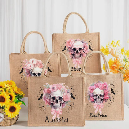Personalized Floral Skull Halloween Tote Bag