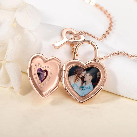 Personalized Photo Heart Lock Necklace with Birthstone