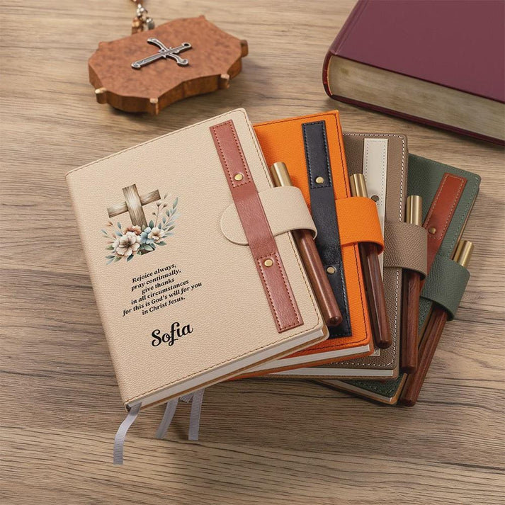 Personalized Name Cross Pattern Journal with Flowers Wooden Pen