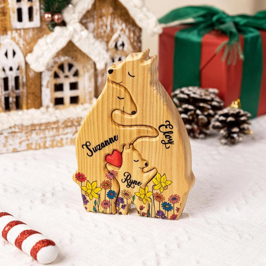 Wooden Bear Family Puzzle with 2-8 Names & Heart