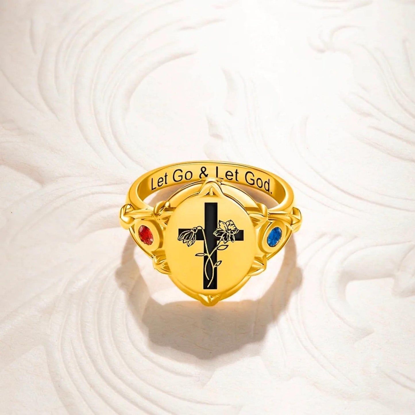 Engraved Cross Signet Ring with Birth Flowers & Birthstones