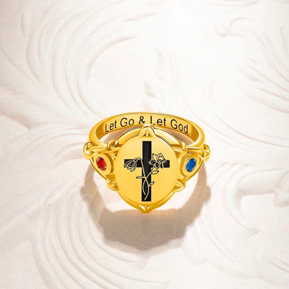 Engraved Cross Signet Ring with Birth Flowers & Birthstones