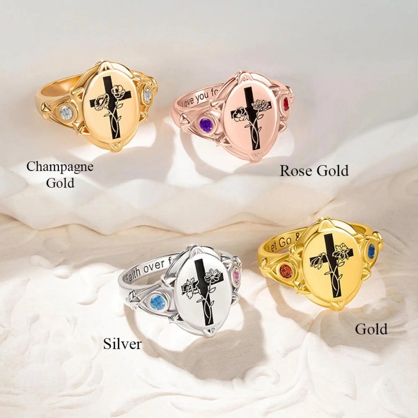 Engraved Cross Signet Ring with Birth Flowers & Birthstones