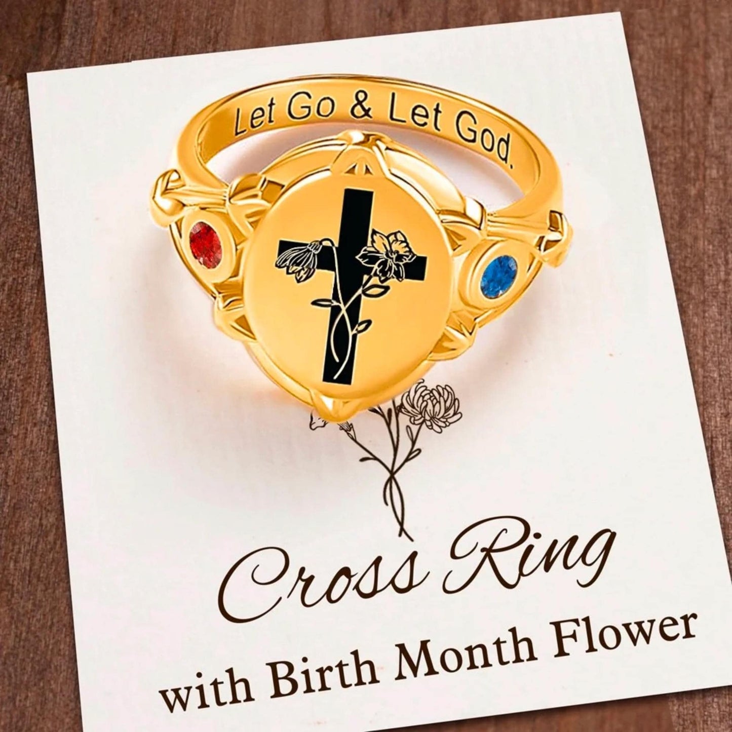 Engraved Cross Signet Ring with Birth Flowers & Birthstones