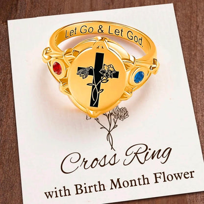 Engraved Cross Signet Ring with Birth Flowers & Birthstones