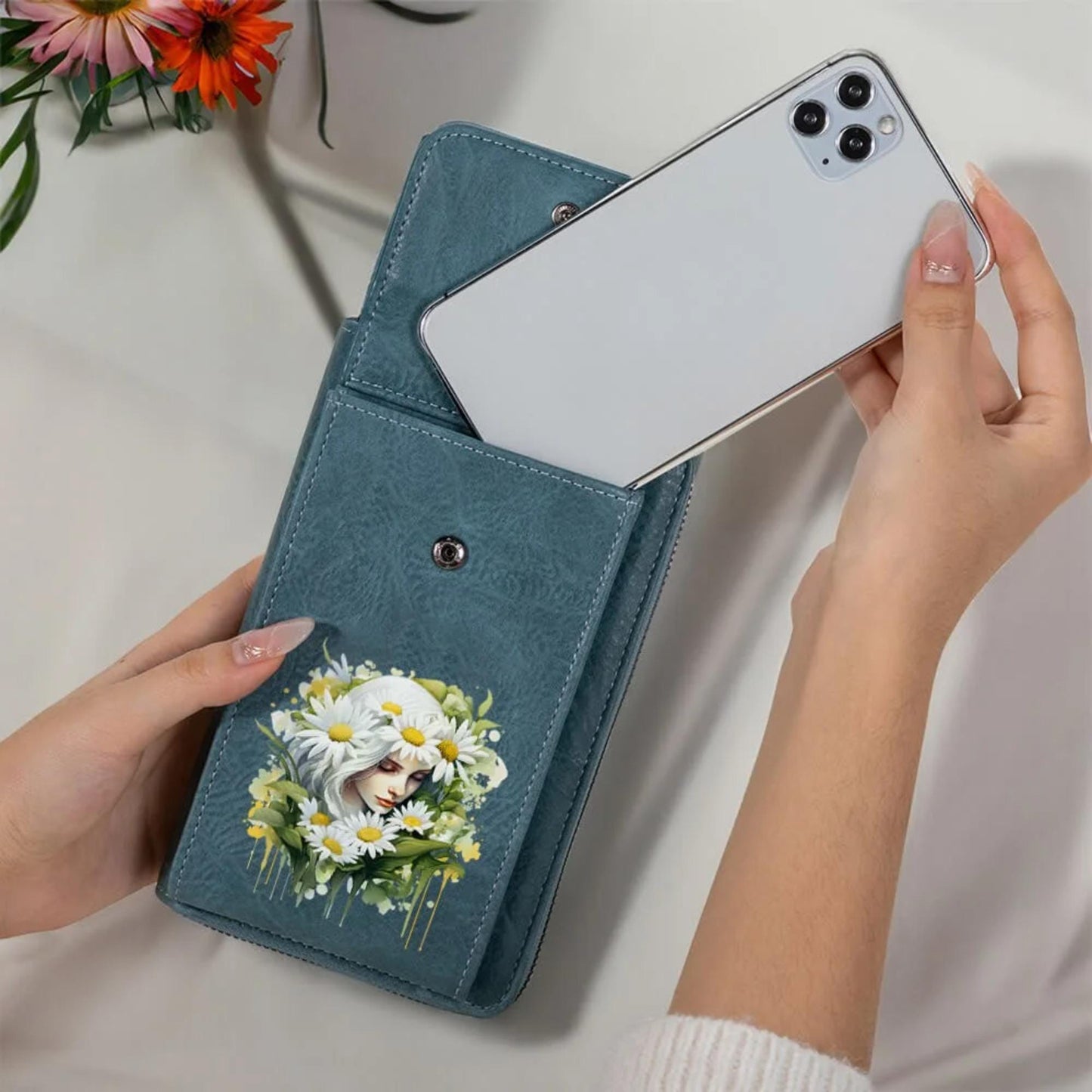 Custom Birth Flower Fairy Leather Crossbody Phone Bag