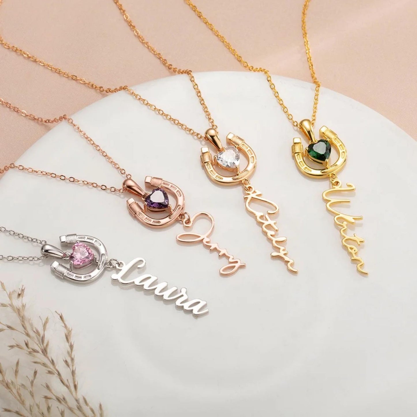 Name Horseshoe Necklace with Heart Birthstone