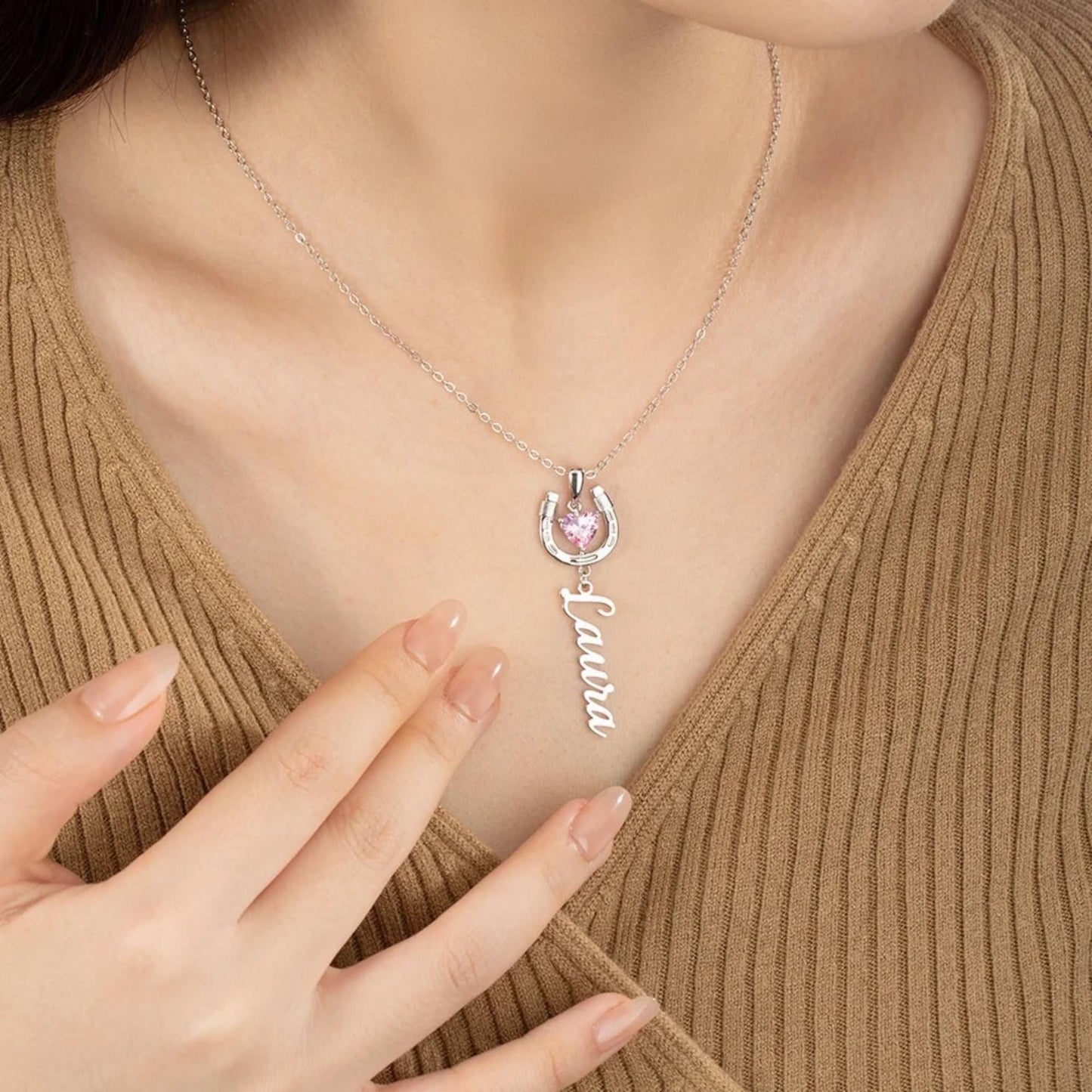 Name Horseshoe Necklace with Heart Birthstone