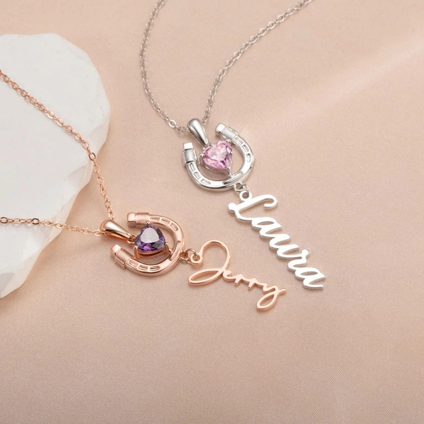 Name Horseshoe Necklace with Heart Birthstone
