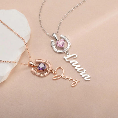Name Horseshoe Necklace with Heart Birthstone