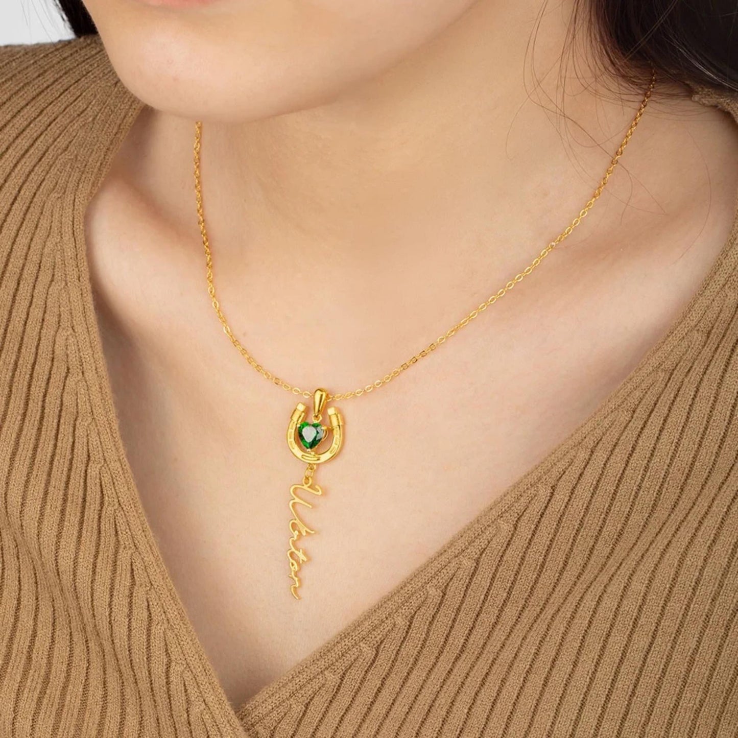 Name Horseshoe Necklace with Heart Birthstone