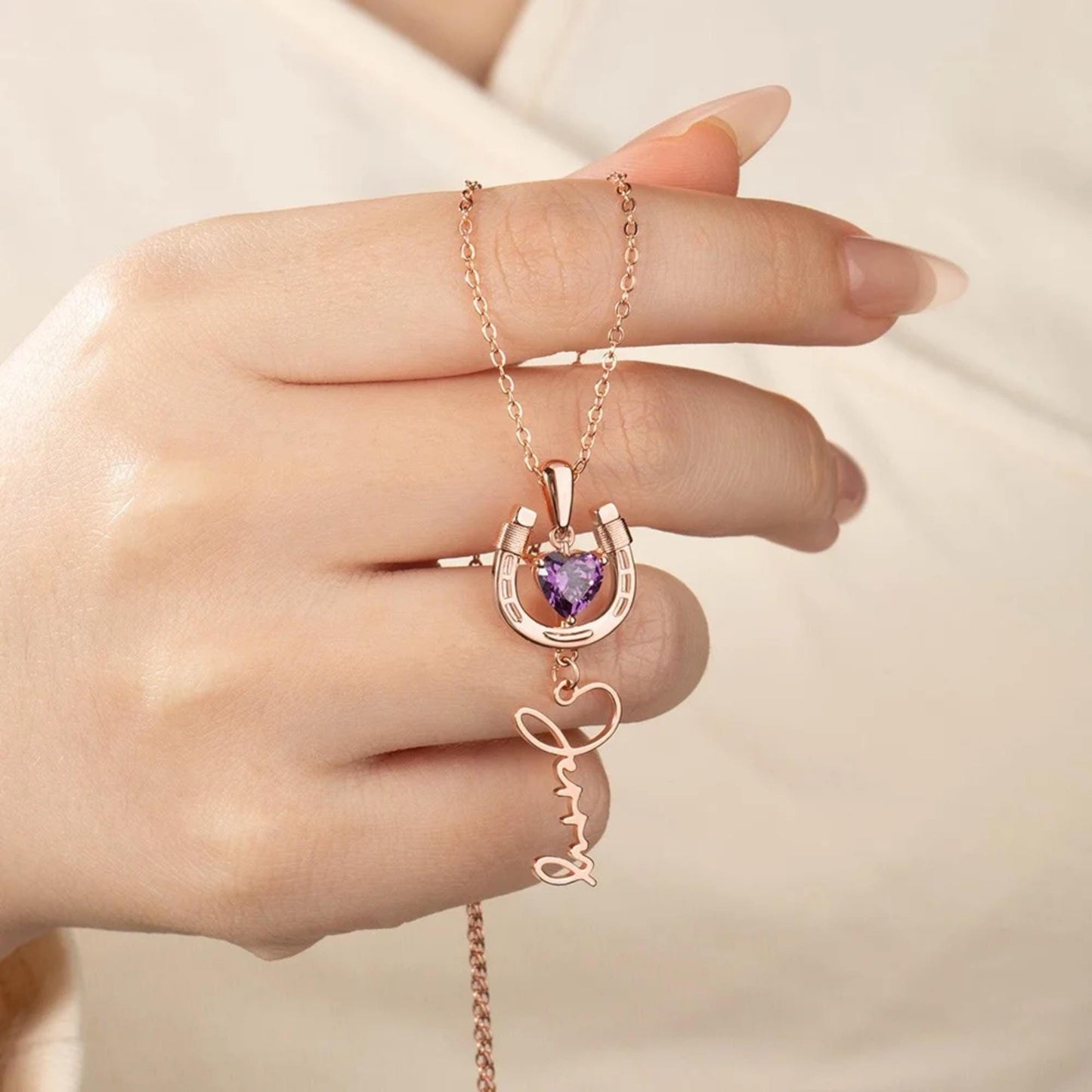 Name Horseshoe Necklace with Heart Birthstone