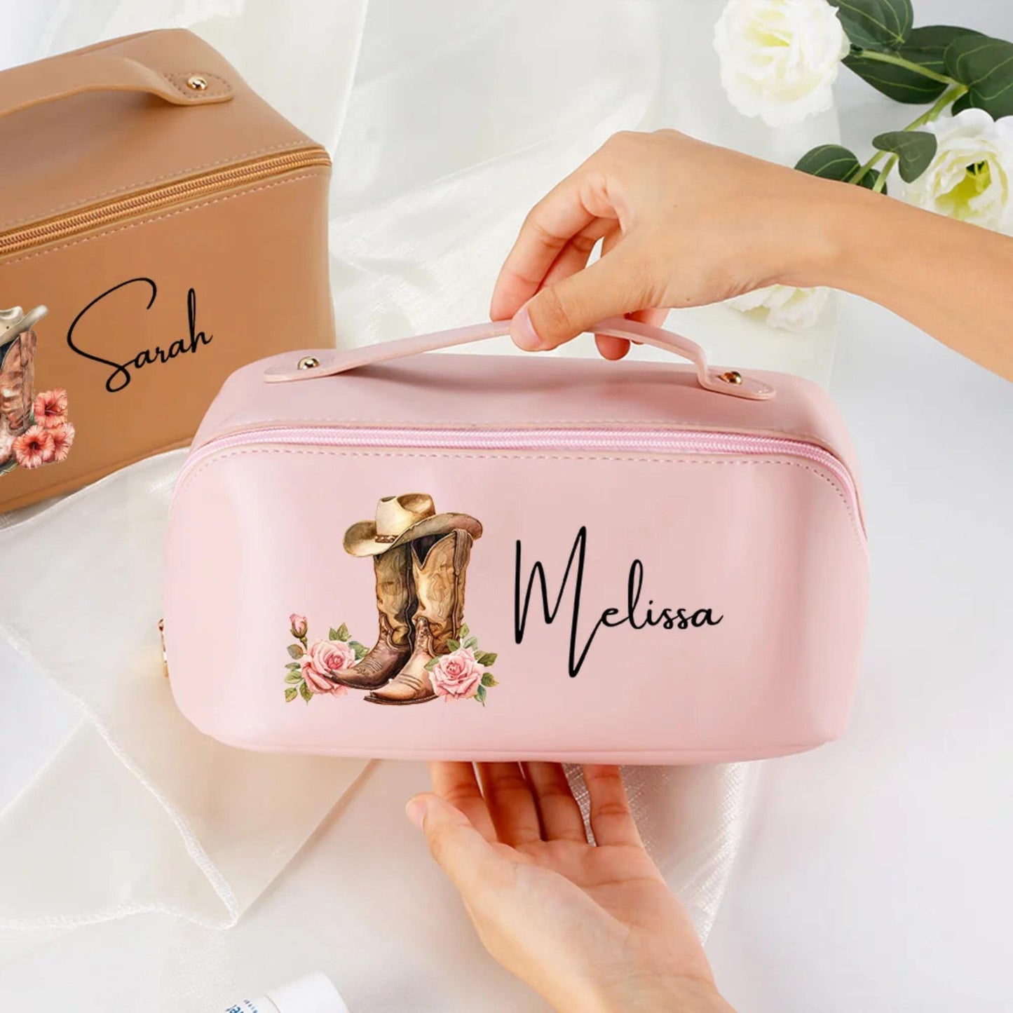 Custom Birth Flower Cowgirl Boots Leather Makeup Bag