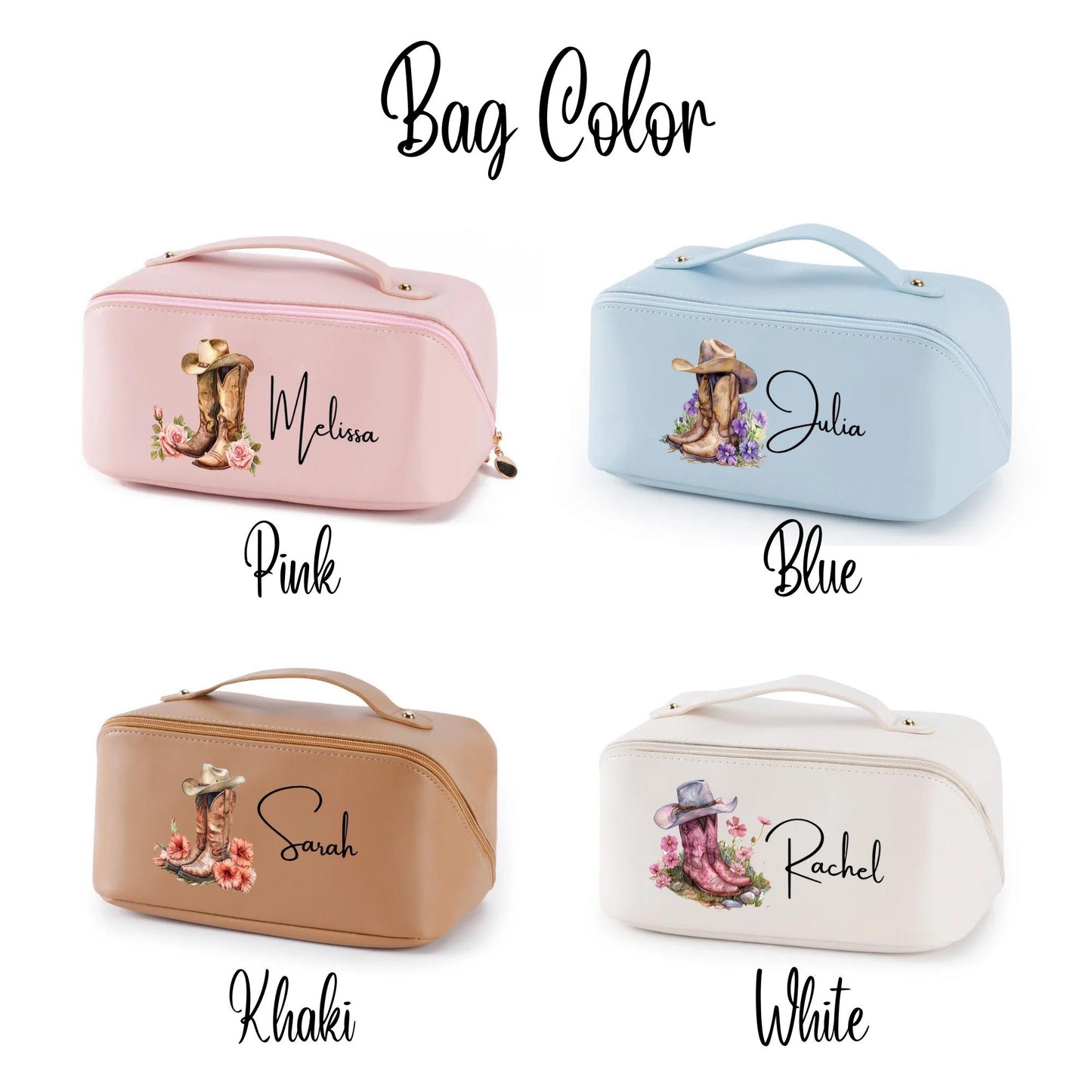 Custom Birth Flower Cowgirl Boots Leather Makeup Bag