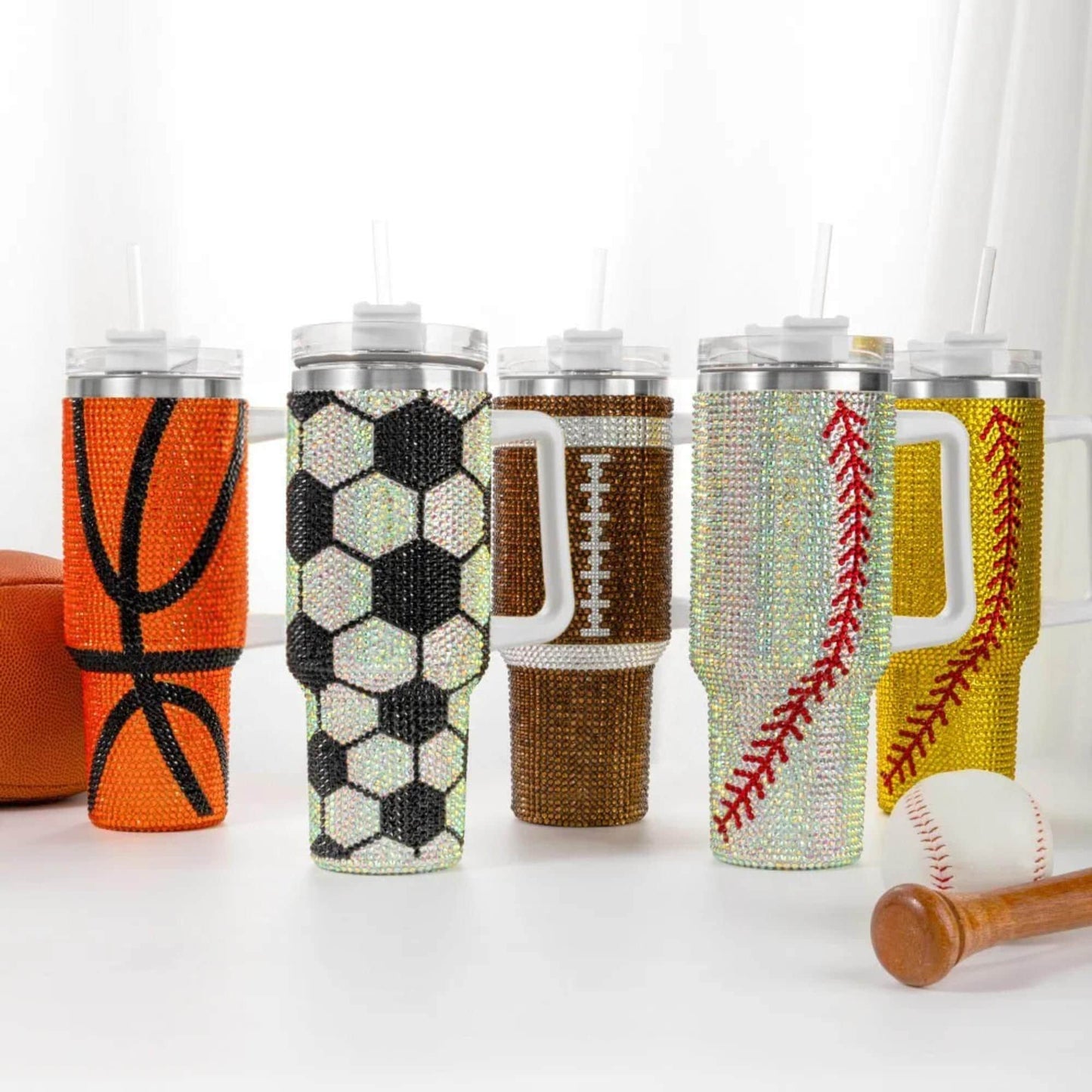 40oz  Name + Number Rhinestone Sports Ball Tumbler