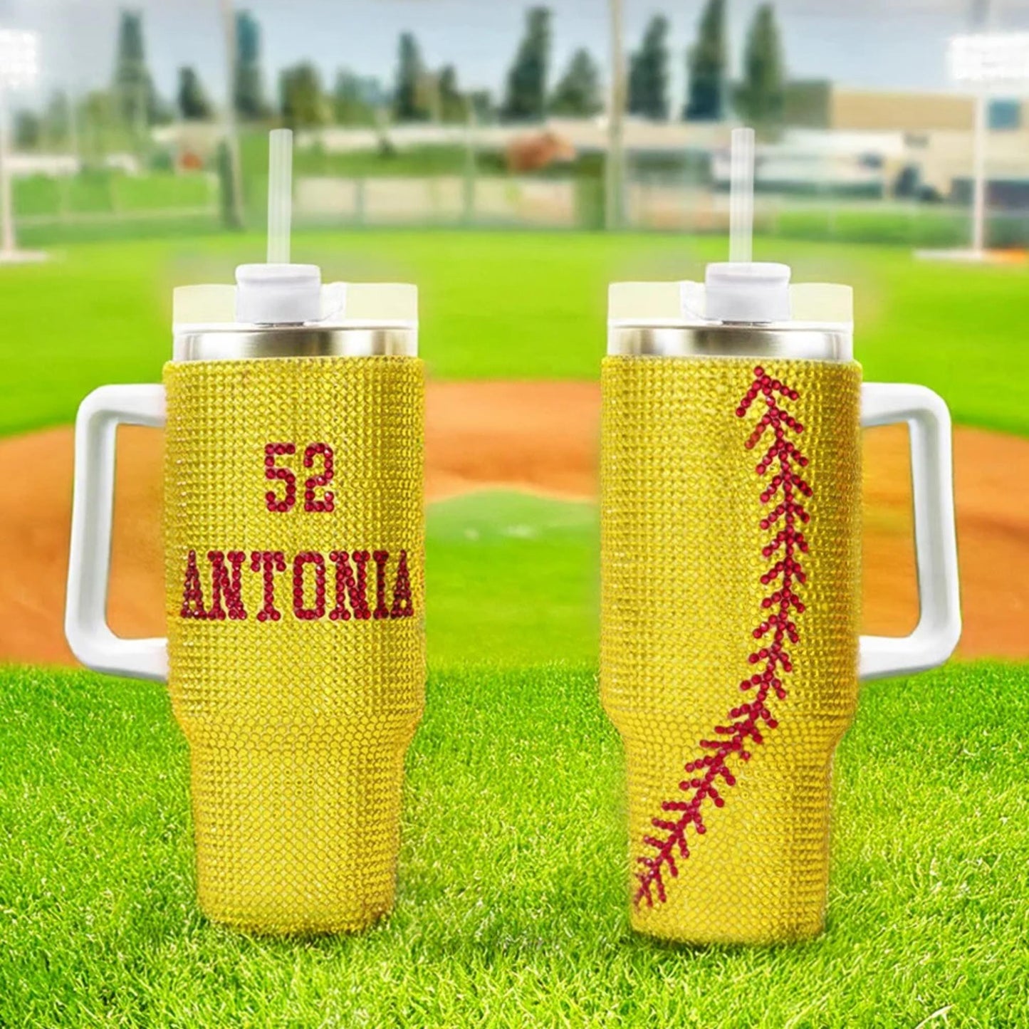 40oz  Name + Number Rhinestone Sports Ball Tumbler