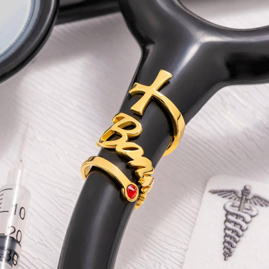 Cross Stethoscope ID Tag with Name & Birthstone