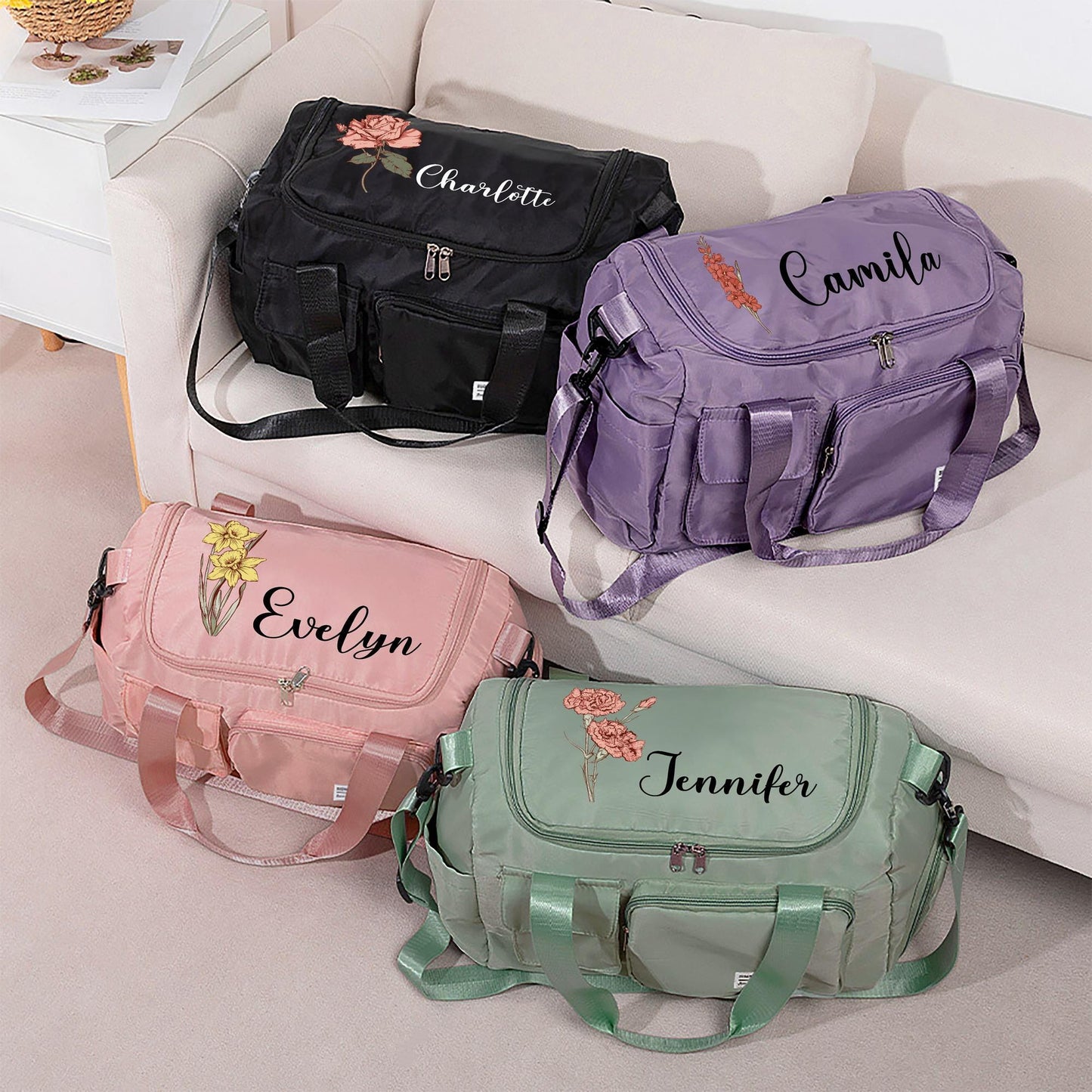 Custom Name Birth Flower Duffle Bag