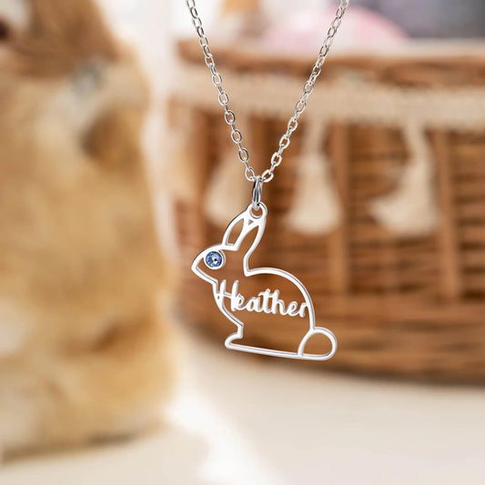 Custom Name & Birthstone Bunny Pendant Necklace