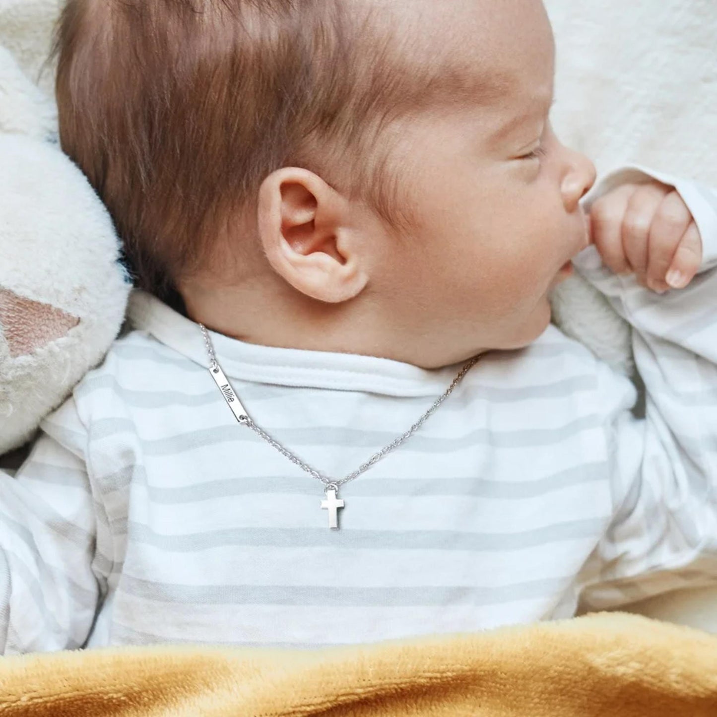 Custom Name Sideways Bar Tiny Cross Pendant Necklace