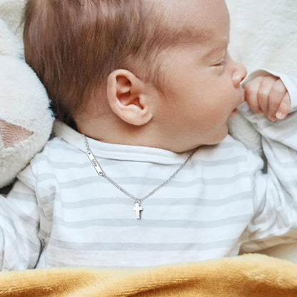 Custom Name Sideways Bar Tiny Cross Pendant Necklace