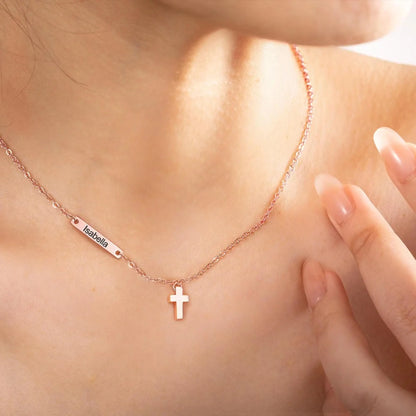 Custom Name Sideways Bar Tiny Cross Pendant Necklace