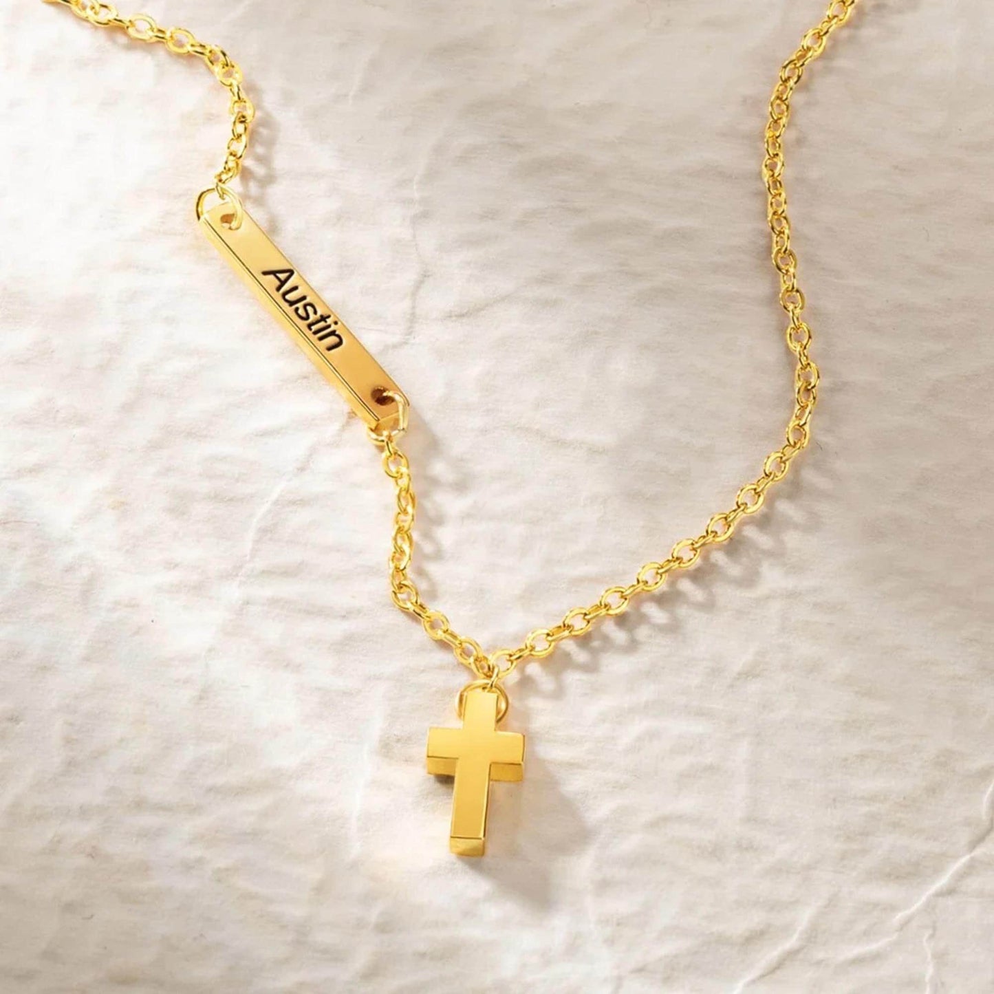 Custom Name Sideways Bar Tiny Cross Pendant Necklace