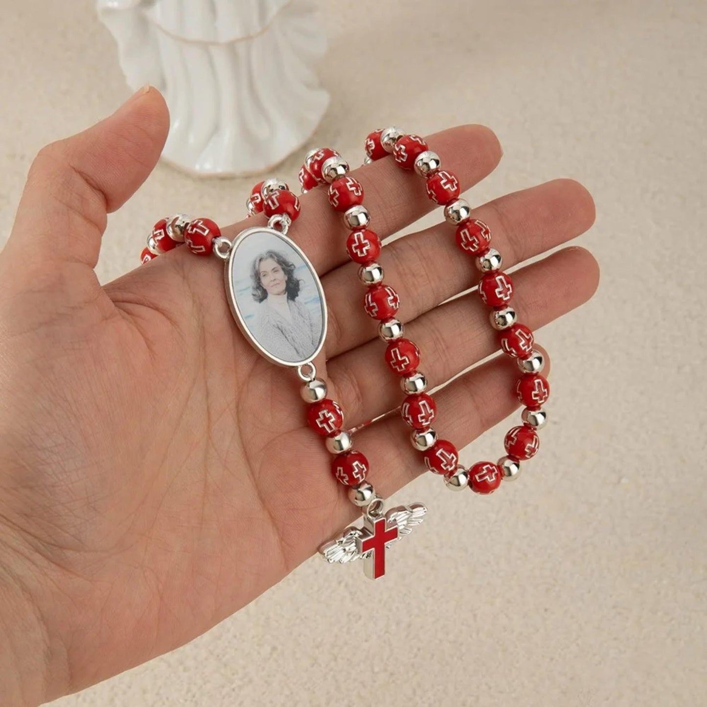 Photo Rosary Beaded Necklace with Angel Wings