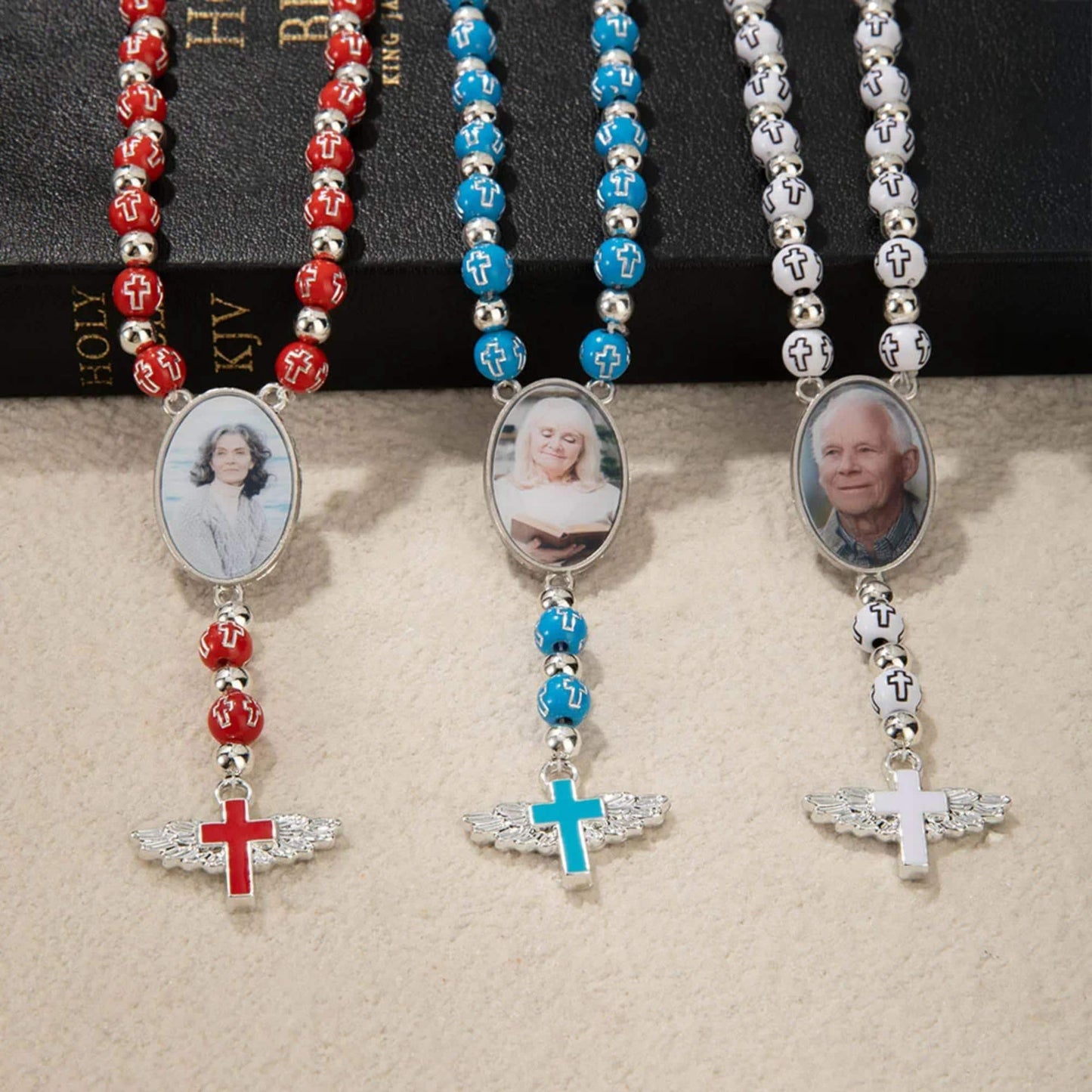 Photo Rosary Beaded Necklace with Angel Wings