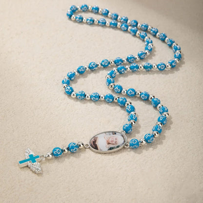 Photo Rosary Beaded Necklace with Angel Wings