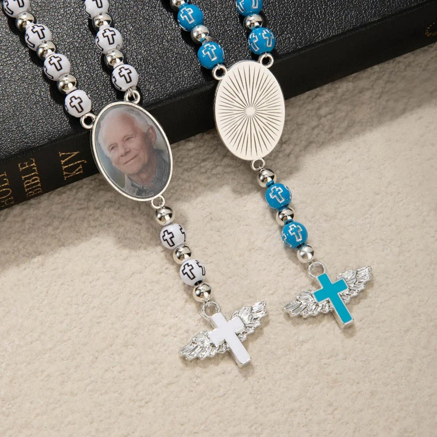 Photo Rosary Beaded Necklace with Angel Wings