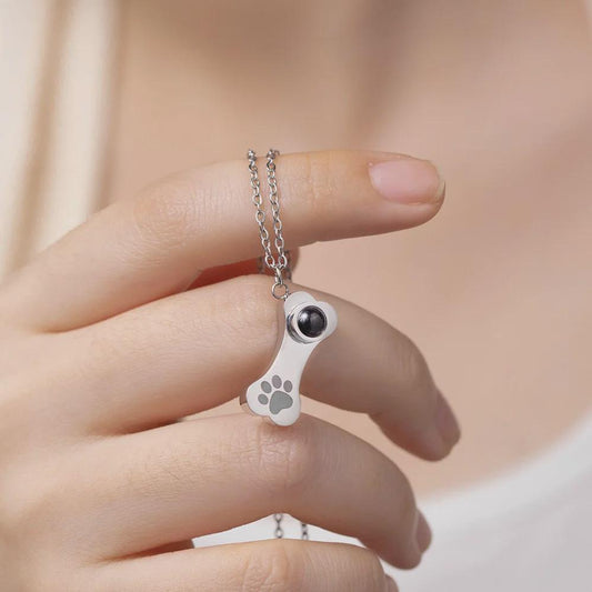 Dog Bone Projection Necklace with Photo & Paw Print
