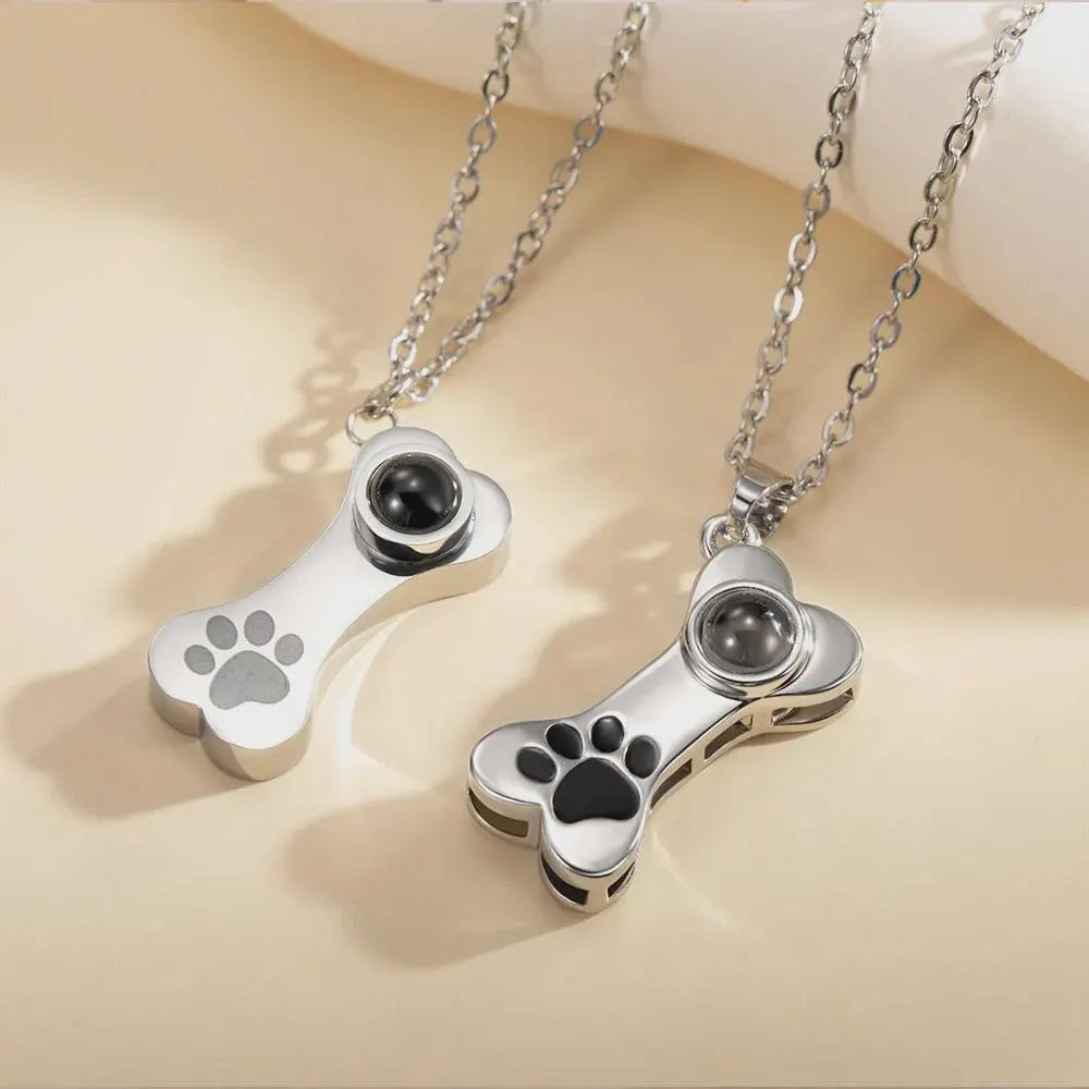 Dog Bone Projection Necklace with Photo & Paw Print
