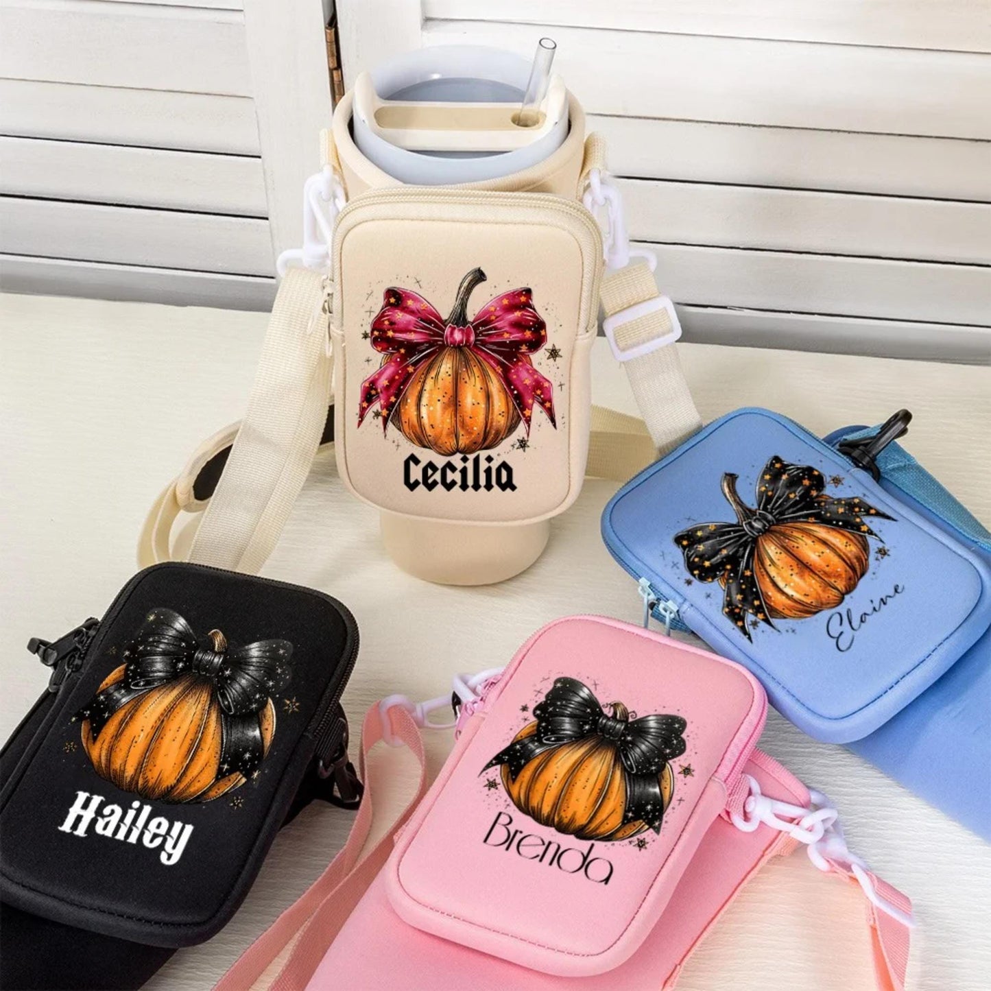 Personalized Pumpkin Bow Tumbler Carrier Bag
