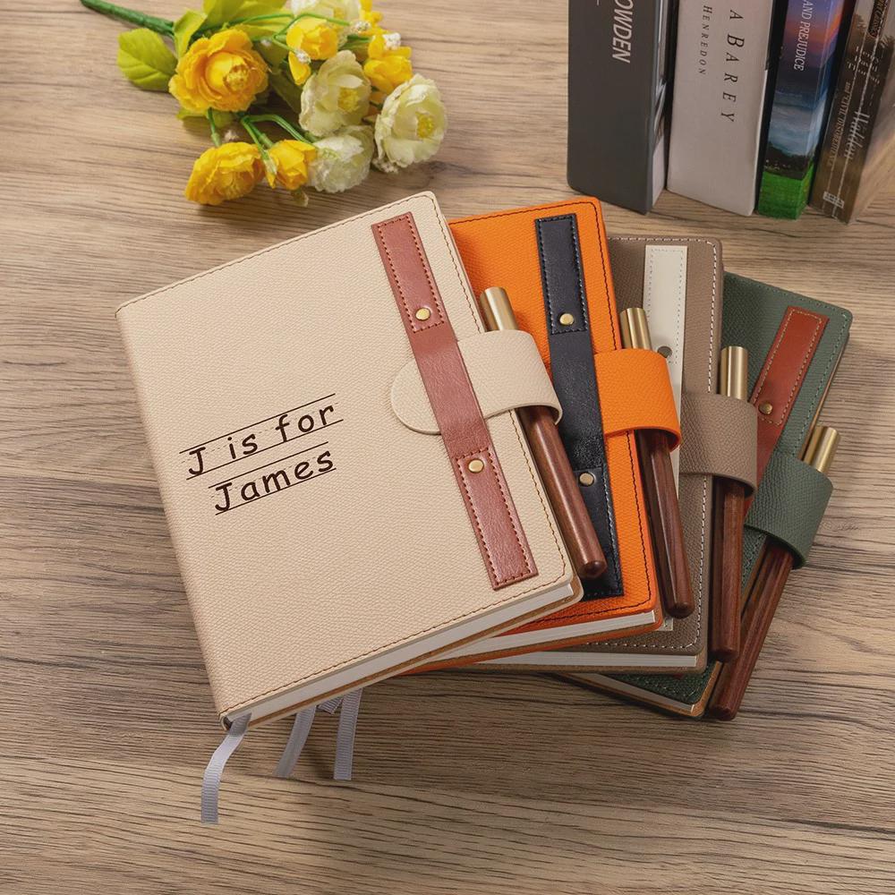 Kids Initial Leather Notebook with Wooden Pen