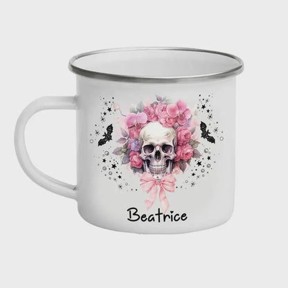 11oz Name Halloween Floral Skull Enamel Mug