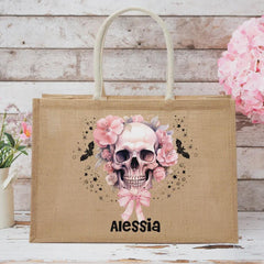 Personalisierte Halloween-Tragetasche mit Blumenmuster und Totenkopf