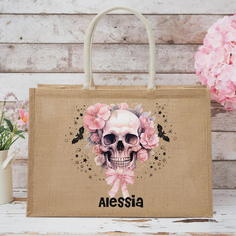 Personalized Floral Skull Halloween Tote Bag