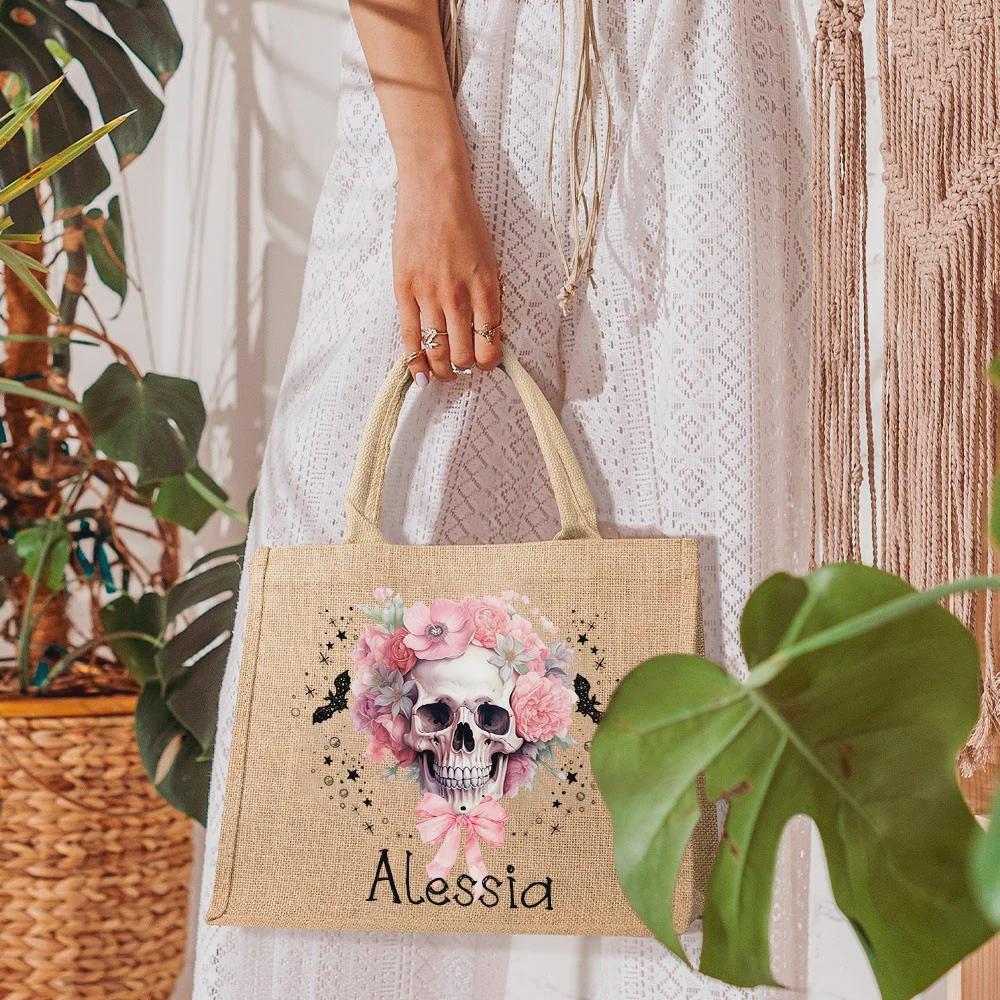 Personalized Floral Skull Halloween Tote Bag