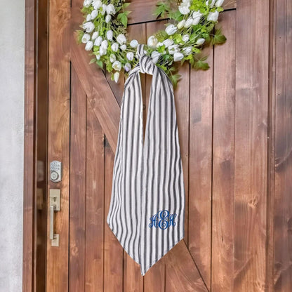 Embroidered Black Ticking Stripe Wreath Sash