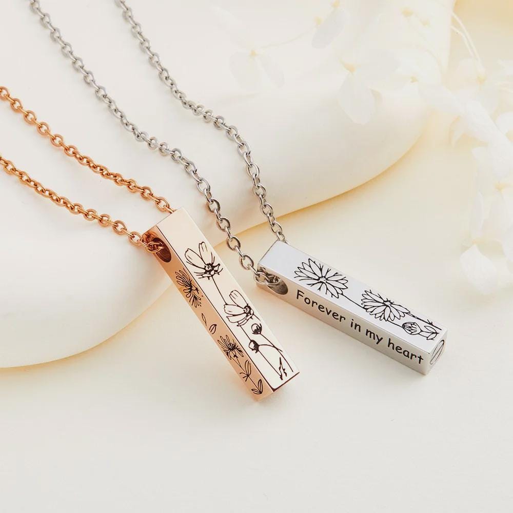 Urn Bar Necklace with Birth Flower and Custom Engravings