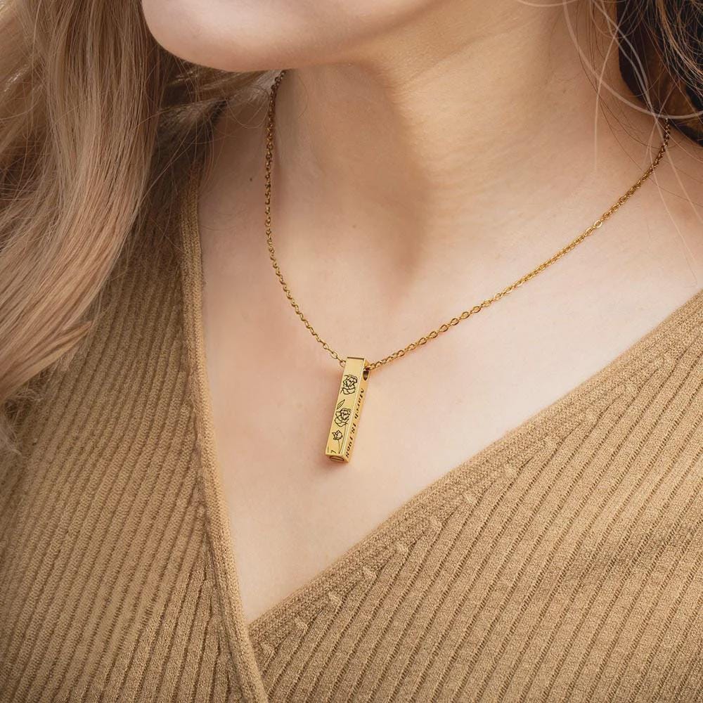 Urn Bar Necklace with Birth Flower and Custom Engravings