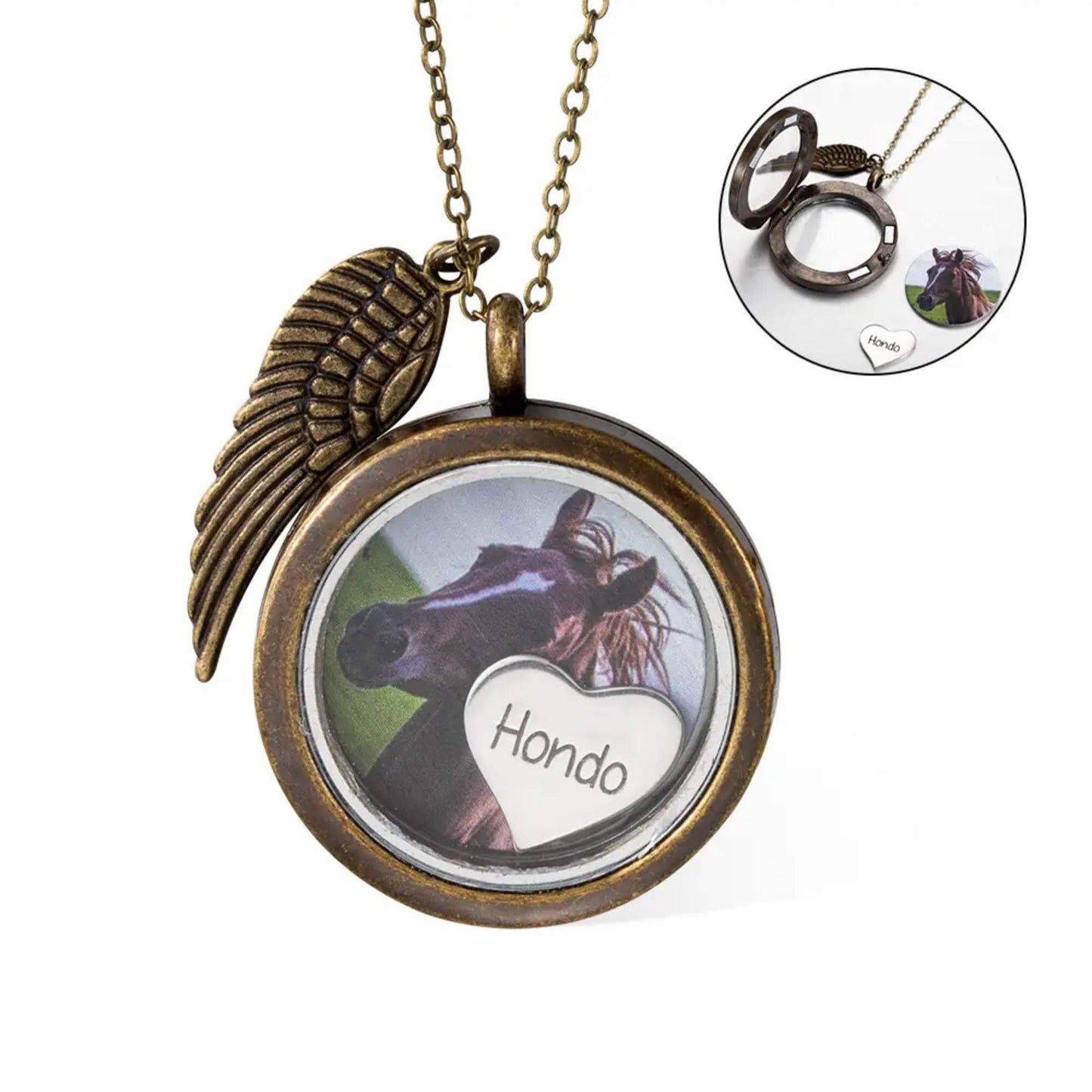 Photo Horse Hair Locket Necklace with Engraved Heart Charm