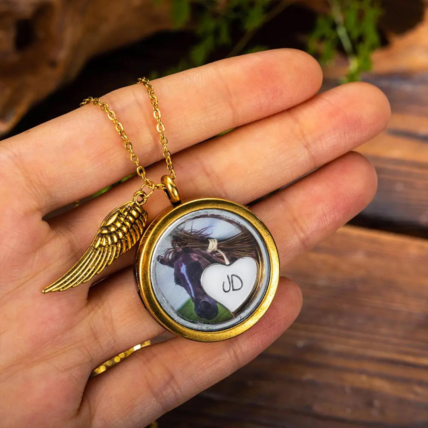 Photo Horse Hair Locket Necklace with Engraved Heart Charm