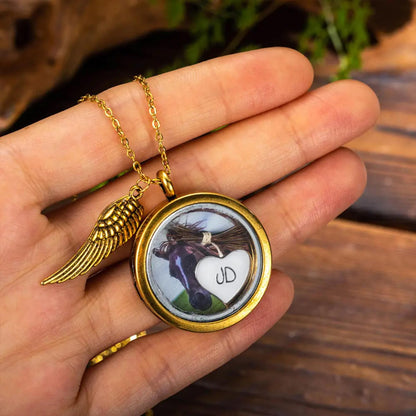 Photo Horse Hair Locket Necklace with Engraved Heart Charm