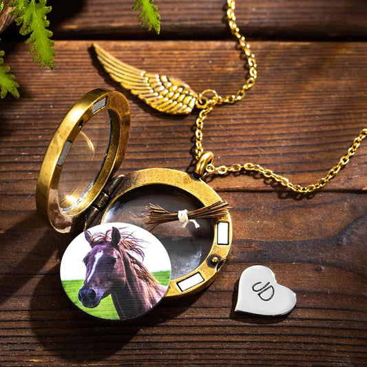 Photo Horse Hair Locket Necklace with Engraved Heart Charm