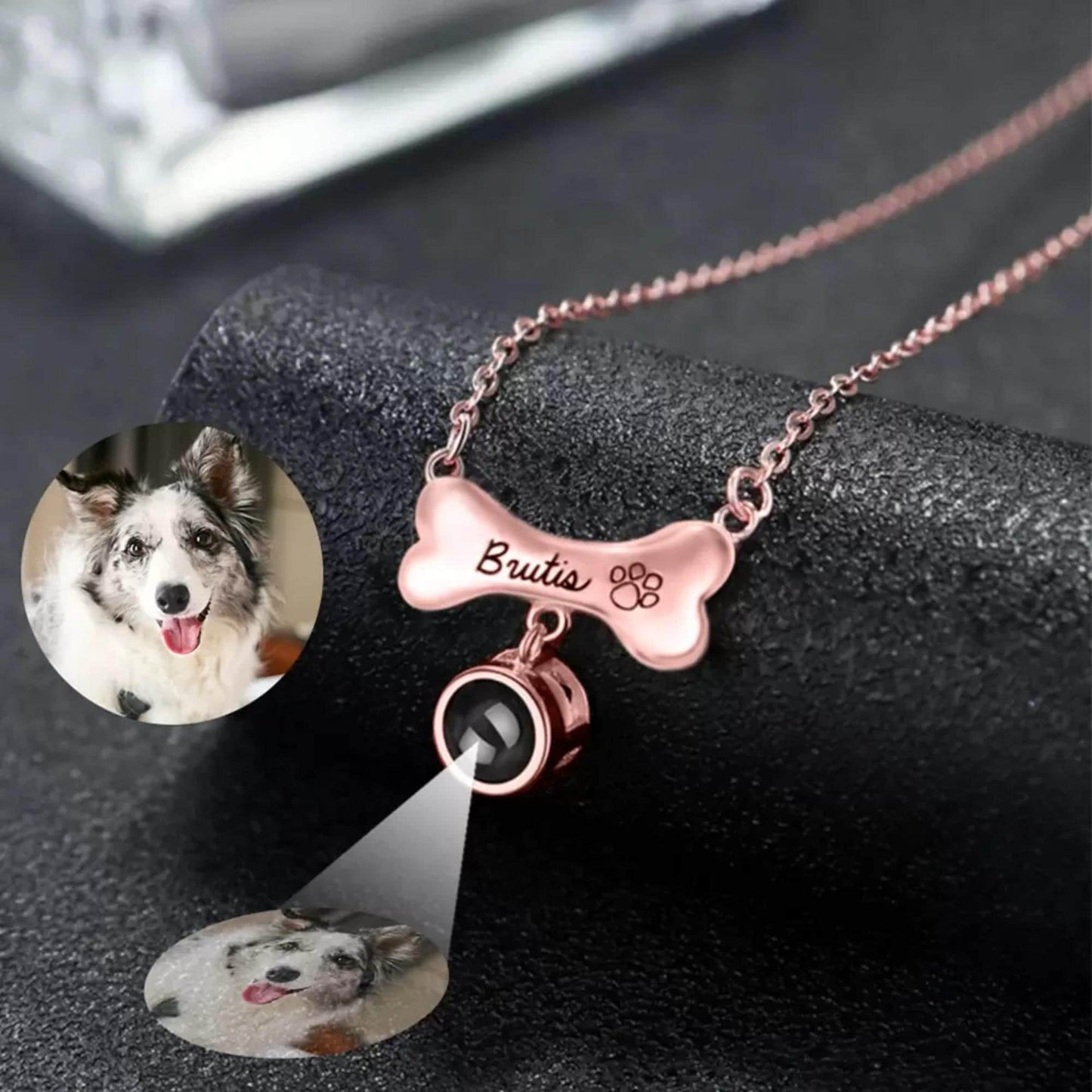 Custom Dog Bone Photo Projection Necklace